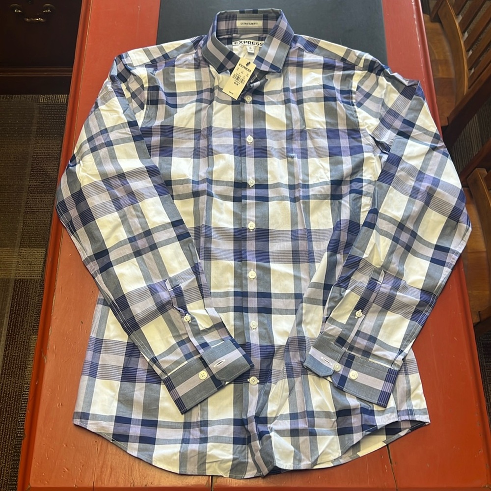 Express Men’s Size Medium Extra Slim Fit White, Purple, & Blue Button Down Shirt